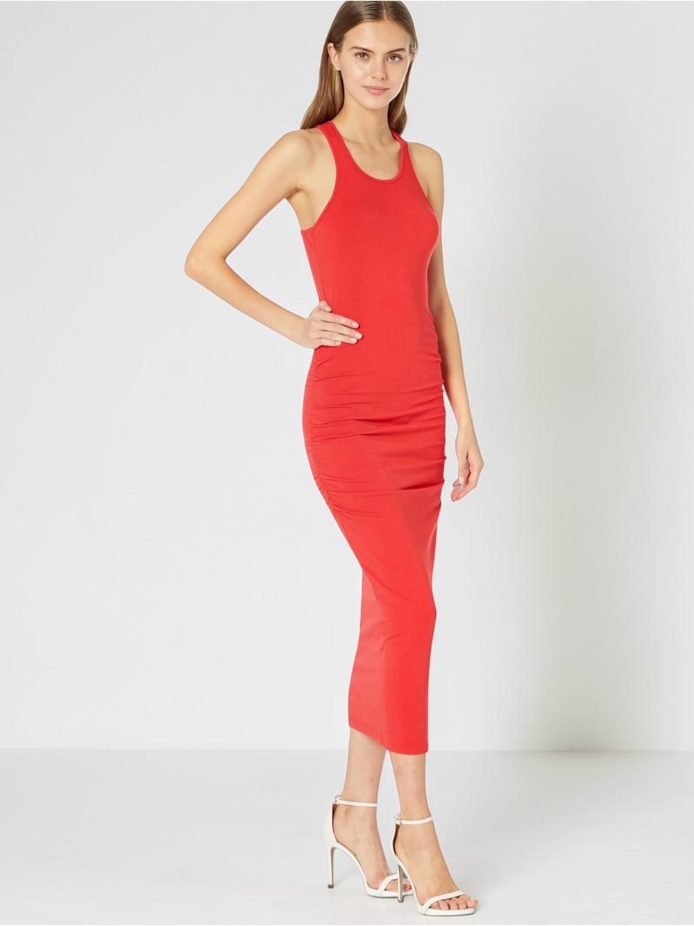 NWT Michael Stars Racerback Midi Dress Size M Ruched Red - Picture 2 of 13